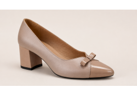 Pantofi damă bej din piele naturală, cu toc gros, vârf lăcuit si fundiță – eleganți KN1BEJ